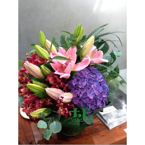 FT_08, 紫色秀球粉紅色百合紅色胡姬 檯花擺設