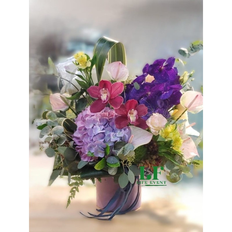 FT_10, 紫色萬代蘭秀球花小白掌 檯花擺設