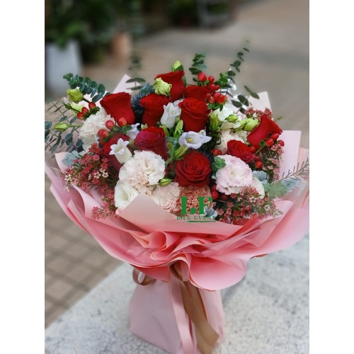 BQ_01 紅色玫瑰粉紅色桔梗花束