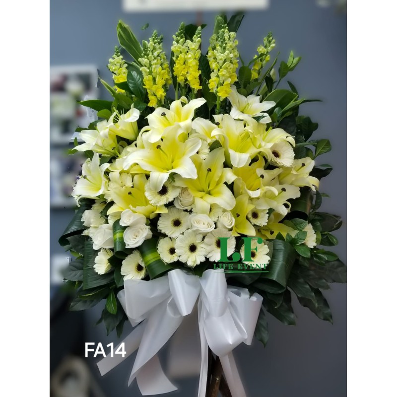 FA_14, 白色玫瑰太陽花黃色百合 帛事花籃