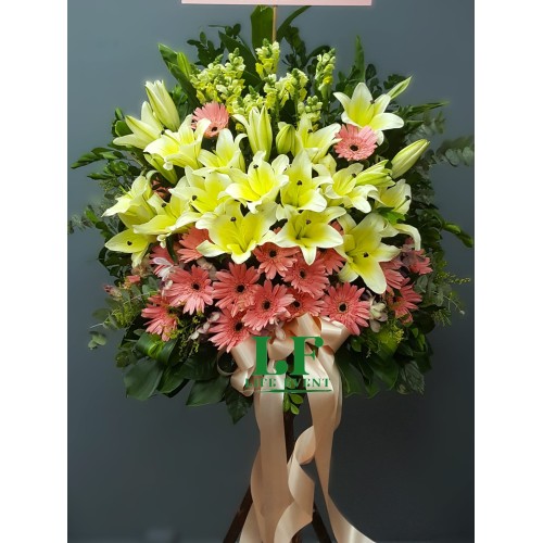 FS_08, 黃色百合粉紅色太陽花 高架開張花籃