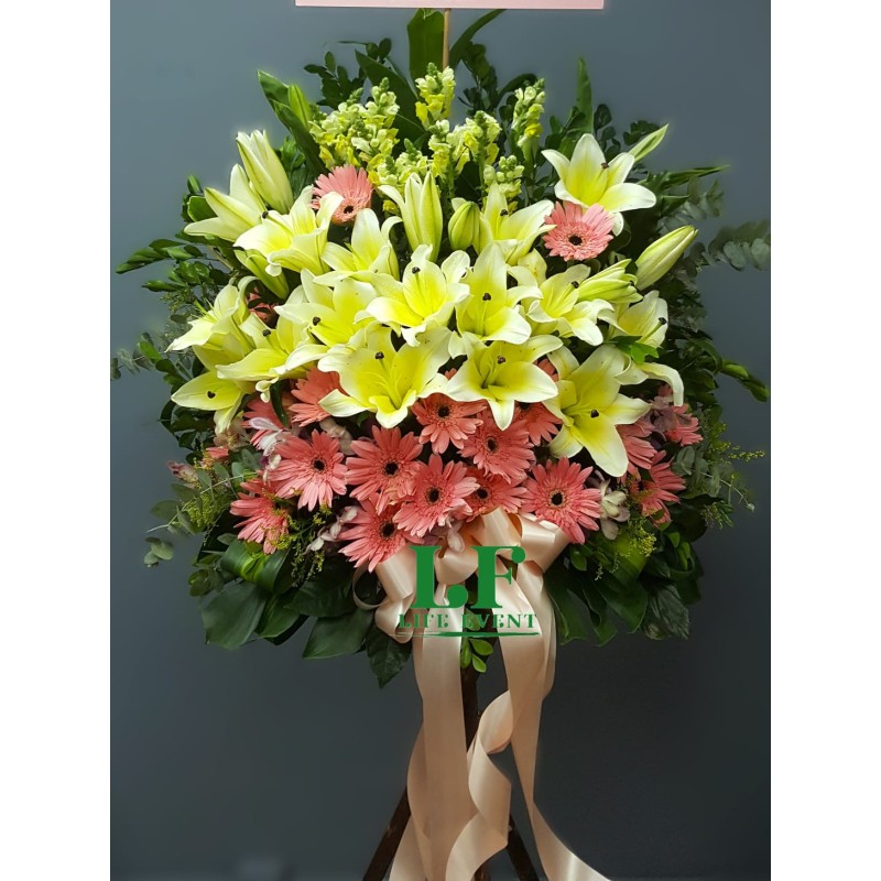 FS_08, 黃色百合粉紅色太陽花 高架開張花籃